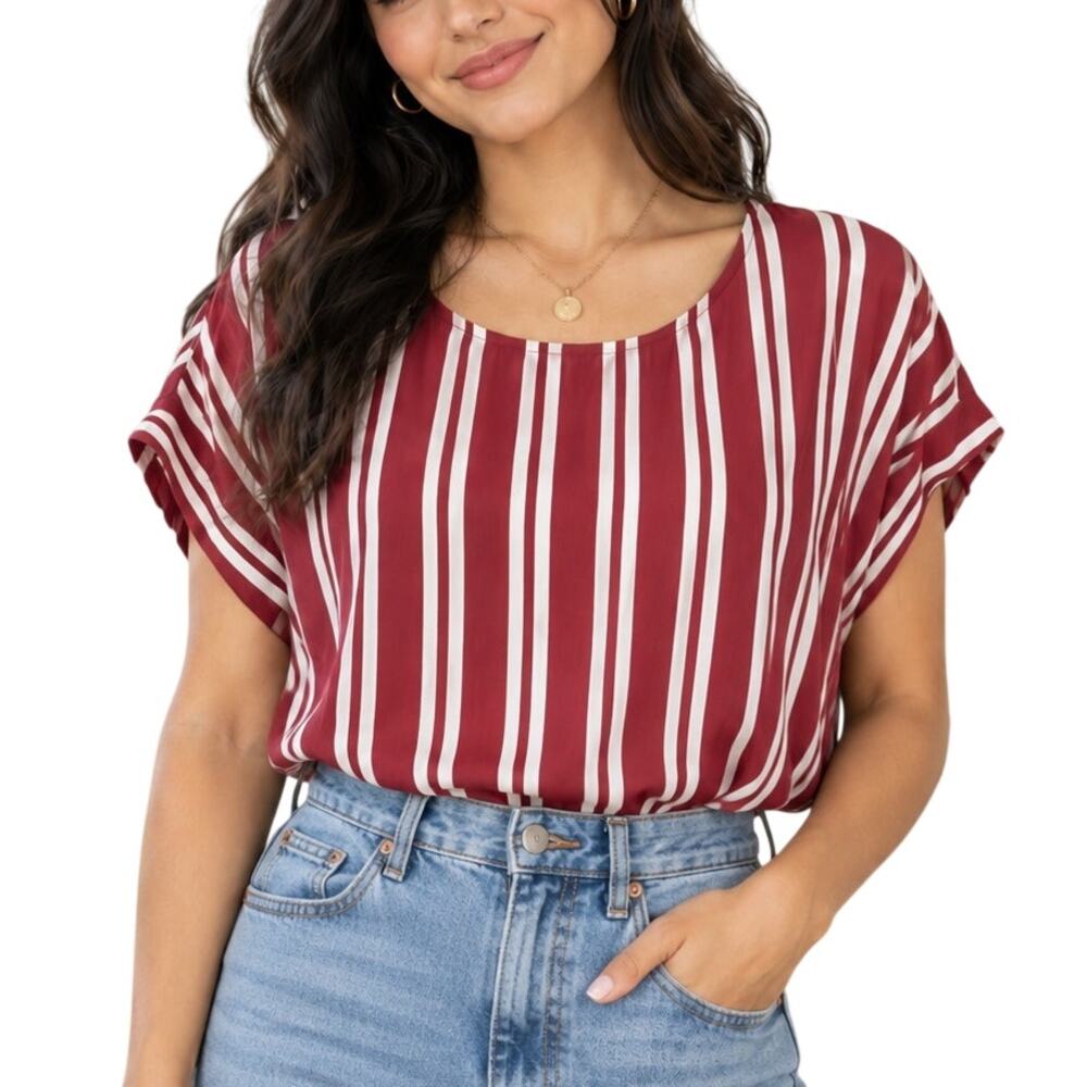 Retro Forever 21 Burgundy White Striped Blouse Small Oversized Fit